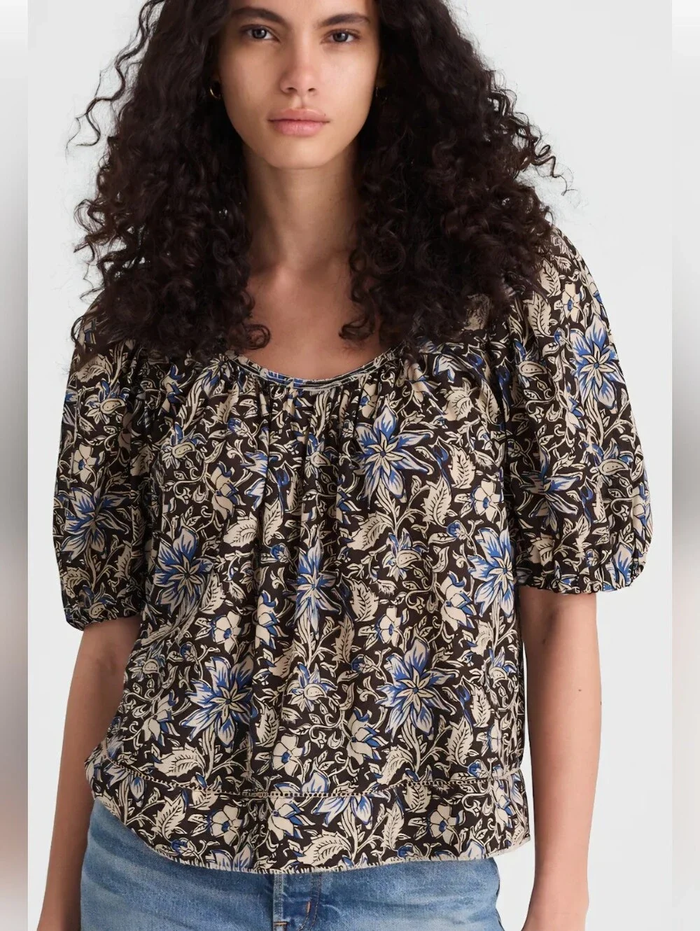 Madewell Floral Puff-Sleeve Peasant Top in Brown and Blue,Suze XL - Picture 1 of 16